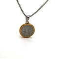 Two-tone St. Benedict medal pendant necklace with silver box chain in a centered view - St. Benedict Medal Style B Small