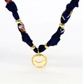 Detail of navy blue silk scarf necklace with gold metal beads and round heart pendant - 02# Blue Ring