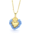 Handgefertigte Herz-Halskette mit blauen Perlen und poliertem goldenem Herzanhänger - Himmelblau