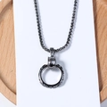 Men's vintage long chain necklace featuring a dark gun-metal engraved circle pendant - Gun Black