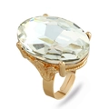 Adjustable gold ring featuring a large faceted oval crystal and relief details - Adjustable Open / White