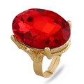Statement gold ring with a large oval red crystal and vintage floral engraving details - Adjustable Open / Red