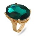 Vintage gold ring featuring a large oval deep green gemstone and ornate carved details - Adjustable Open / Green