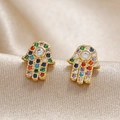 Fashionable Hamsa Hand earrings in gold plated brass with colorful cubic zirconia stones - Hamsa Hand Style (WEH960) / Colorful Gold