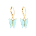 Detailed view of light blue resin butterfly drop earrings with golden leverback hoops - Blue (WEH1264)