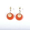 Detailed macro view of retro gold earrings with Love engraving and bright orange discs - Double Layer Round Drop Ear Hook (Love Engraving) / Orange Gold
