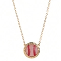 Detail of pink baseball pattern pendant with gold beaded trim on a fine link chain - White Baseball - Gold Necklace