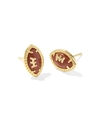 Close-up of rugby ball stud earrings with gold stitching and brown glitter stones - American Football Stud Earrings-Gold