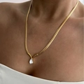 Gold plated titanium steel flat snake chain necklace with a pear-cut lapis lazuli pendant - Gold Pear Zirconia Necklace
