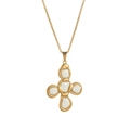 Detail of a golden titanium steel cross pendant necklace with white enamel inlay - Round O-Chain / 45cm / White
