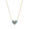 Gouden ketting met blauwe keramische hart hanger en verfijnde bloemenpatronen erop - Meerblauw Hart (Paperclipketting)