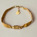 Retro multi-material layered bracelet with mustard yellow ribbon and gold metal hardware - Satin Pendant Style / Gold Satin