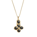 Detailed close-up of golden titanium steel cross necklace with five black stones - Black