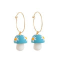 Handmade light blue mushroom hoop earrings with white daisy patterns and gold hooks - Blue Flower