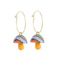 Handmade vibrant yellow mushroom hoop earrings with colorful polymer clay stripes - Blue Rainbow