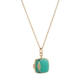 Detailed view of square gold necklace pendant with green enamel and vintage metal details - Green Square