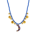 Collana di perline blu scuro sfaccettate con ciondolo a luna viola e stelle dorate - Collana a luna astratta