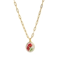Vintage gold rectangle link chain necklace with red flower oval pendant detail - Two Small Red Flowers (Style 1)