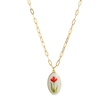 Golden paperclip chain necklace with a vintage oval red floral enamel pendant - Large Red Flower (Style 2)