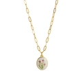 Golden paperclip chain necklace featuring an oval floral pendant with a vintage French style - Three Small Purple Flowers (Style 4)