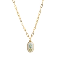 Macro view of gold paperclip chain necklace with floral ceramic oval pendant - Small Blue Flower (Style 6)