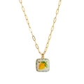 Golden paperclip chain necklace with a square yellow lemon pendant on blue check pattern - Square Lemon (Style 8)
