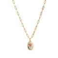 Gold paperclip chain necklace featuring an oval pendant with red floral patterns - Single Small Flower (Style 14)