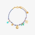 Buntes gewebtes Seilarmband mit goldenen Sonnenblumen und Muschelanhängern 18k Gold - Blaues Seil Runde Platte Armband