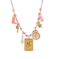 Bohemian woven rope necklace with starfish, pearl, and gold LOVE heart charms - Pink Square Heart Necklace