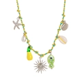 Sommerliche Strandhalskette mit gelber und grüner Kordel, Seestern und Muscheln - Silberne Sonne gelbe Seilhalskette