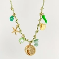 Detail of bohemian woven necklace featuring shell, starfish, and chili charms on green cord - Sun Light Green Rope Style