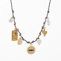 Boho-Halskette mit buntem Flechtseil, Muschelanhänger und goldenem Sonnen-Tarot-Motiv - Blau-rosa goldene Augen-Halskette