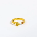 Detail of gold titanium steel open ring featuring hollow leaf and red birthstone - Adjustable Open / January/Snowdrop