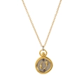 Detail of 18K gold plated Pisces pendant necklace with two-tone silver relief and purple stones - Pisces