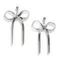 Elegant silver bow drop earrings with flat snake chain design on a white background - Short / Silver