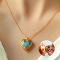Golden heart locket necklace with blue opal and vintage floral engraving on a fine chain - Heart Shape / Blue Heart