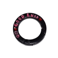 Black round spring snap hook with pink Good Luck lettering and red heart designs - Black