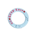 Lichtblauwe ronde sleutelhanger met roze Good Luck tekst en rode hartvormige details - Waterblauw