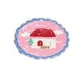 Pink wavy oval acrylic charm featuring hand-painted house and tree cartoon design - Red House