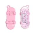 Pink cartoon skateboard charm with Kawaii Bass graffiti and hanging hole for DIY - Skateboard / Pink