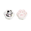 Cat paw ceramic beads set featuring cartoon kitten illustration and pink embossed paw design - 18*20mm / White