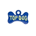 Blauwe botvormige legering penning met gele TOP DOG tekst voor halsbanden en DIY-kits - Bot Letter Label / Saffierblauw