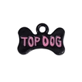 Botvormige hondenpenning met roze TOP DOG belettering en zwart emaille afwerking - Bot Letter Label / Zwart
