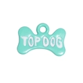 Muntgroene hondenpenning in botvorm met Top Dog tekst voor halsbanden en DIY-gebruik - Bot Letter Label / Smaragd
