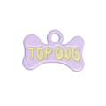 Lavendelkleurige botvormige penning met gele TOP DOG tekst en glanzend emaille - Bot Letter Label / Paars