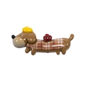 Cartoon dachshund resin accessory featuring a yellow beret and plaid outfit on white base - Yellow Hat Brown Plaid Style