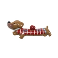 Brown dachshund acrylic charm with red stripes and apple detail for DIY crafts - Stripe Bow Style