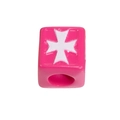 Pink cube acrylic bead with white Maltese cross print for DIY jewelry making - Maltese Cross Square / Rose Red