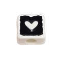 White acrylic square bead with a black heart motif for DIY jewelry and accessory making - Large Hole Square / White
