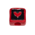 Red acrylic square bead with a black heart pattern and center hole for DIY jewelry - Large Hole Square / Red